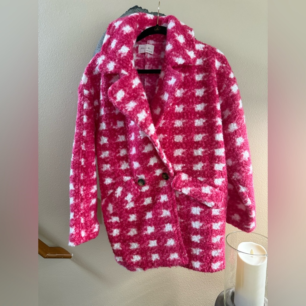 DOUBLE BREASTED CHECK PRINT BOUCLE FLEECE COAT - Picture 6 of 7